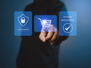 Man selecting products for online shopping with virtual payment confirmation. Secure transaction on the internet. Convenience of shopping. Ecommerce concept.