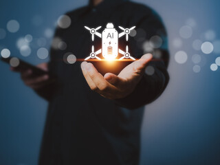 A man shows a drone, virtual reality, on his hand, with intelligent technology, artificial intelligence AI, to control the operation.
