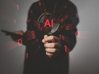 Developer holding magnifying glass shows AI warnings, technology, program bugs, threat alerts, privacy violations, and hacker risks on cybersecurity.
