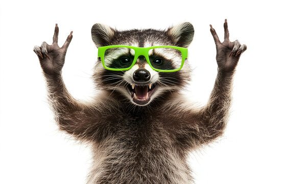  funny raccoon wearing green glasses and making a rock sign