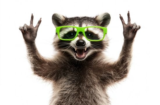  funny raccoon wearing green glasses and making a rock sign