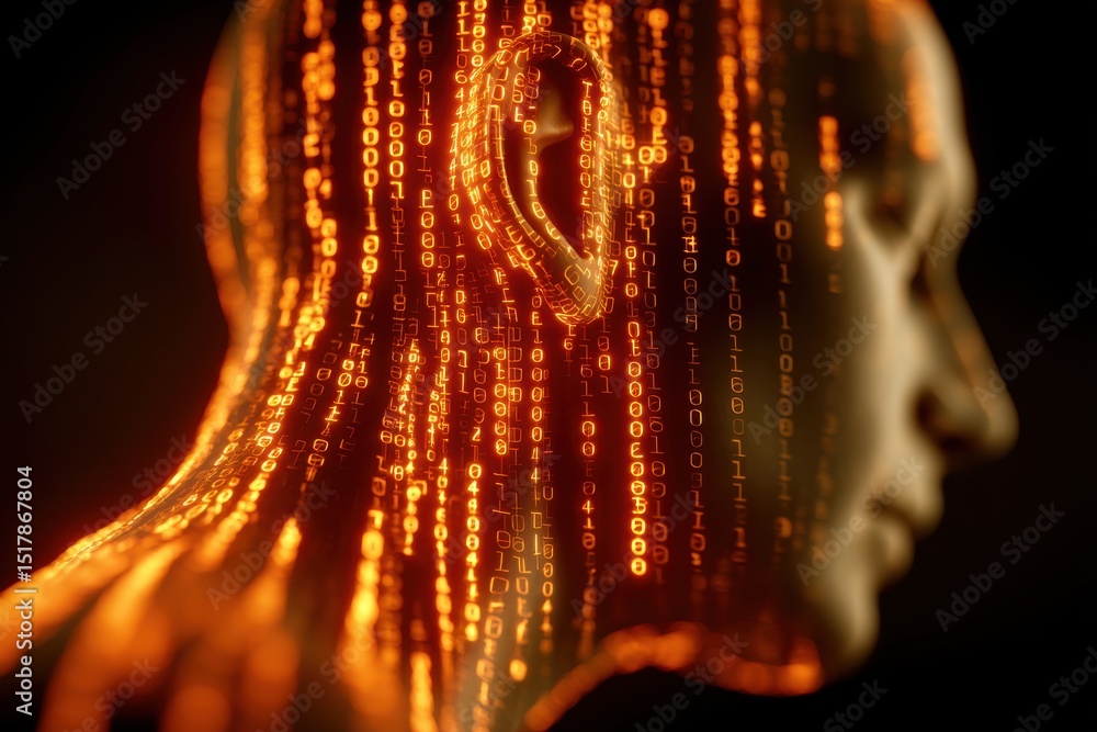 Poster an ai data stream simulation over human face showcasing digital information, a representation of art
