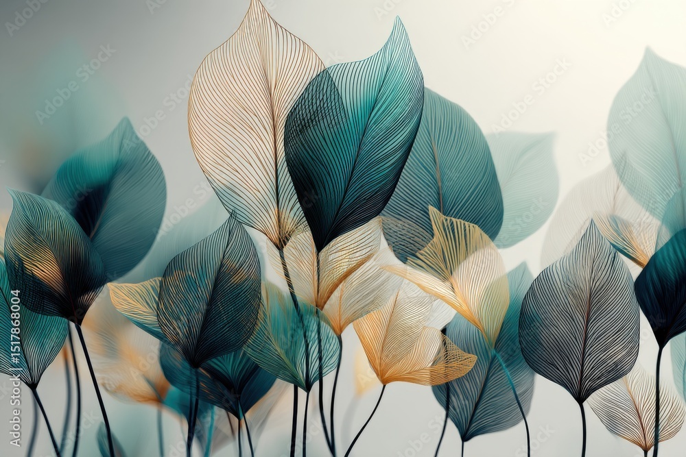 Aufkleber an exquisite artwork featuring delicate teal and gold leaves with intricate linework, creating a vis