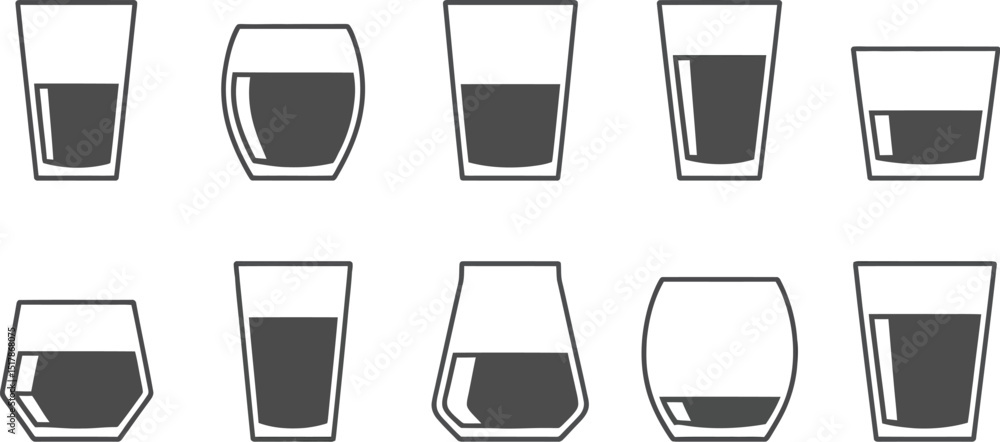 Poster ten glasses of liquid with varying shapes and fill levels arranged in two rows on a white background