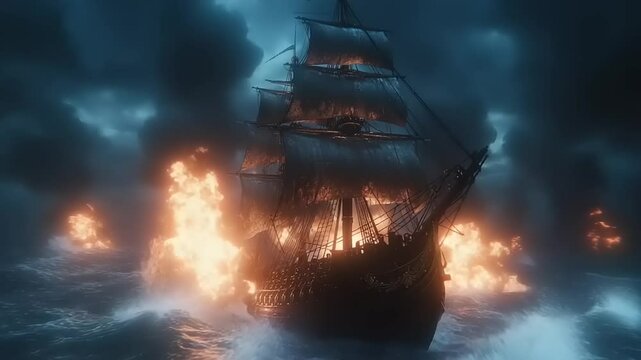 Dramatic scene of a burning pirate ship battling fierce waves in a stormy ocean at night