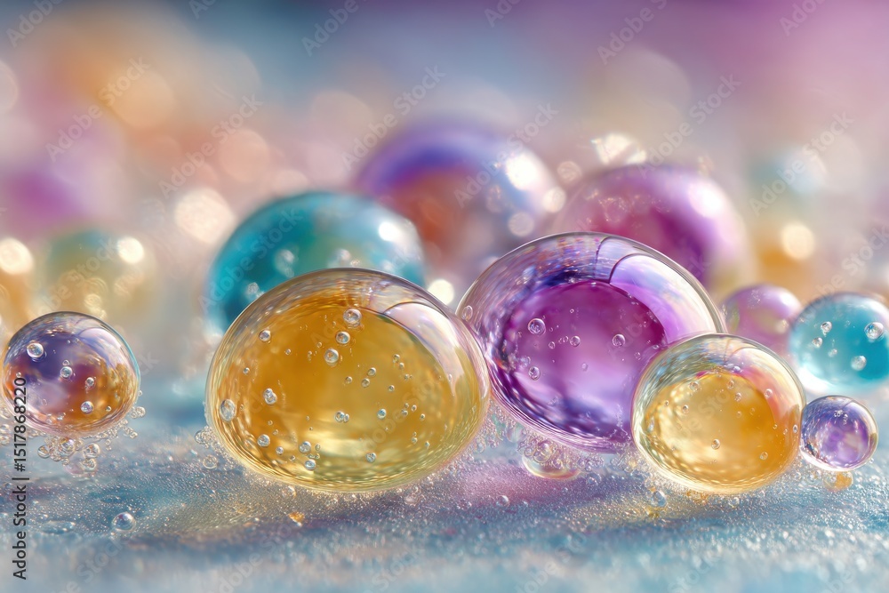 Poster a visually striking macro shot of colorful water droplets, creating a bokeh effect, showcasing fluid