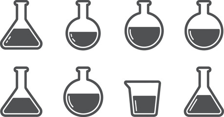 An illustration of various laboratory glassware including flasks and a beaker containing liquid inside them