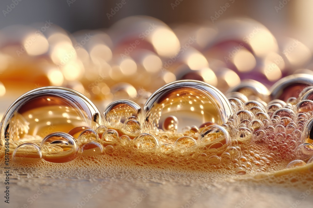 Poster a close-up shot of golden, translucent bubbles creating an abstract, textured pattern with light ref