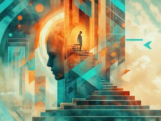 Abstract surreal staircase leading through a giant human head into a glowing dreamlike sky.