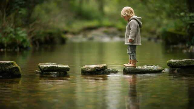 Journey of Discovery: A young child navigates the tranquil waters of a stream by stepping on stones, a poignant image representing growth and the journey of life. 