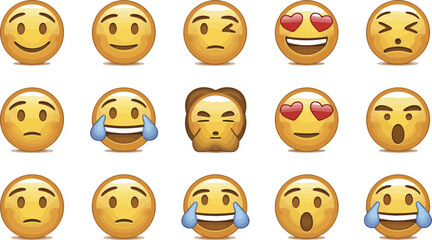 Obraz premium A collection of fifteen yellow circular emojis displaying various expressions on a white background
