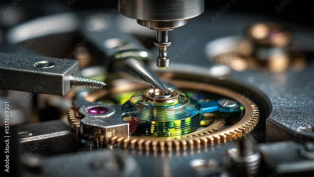 Poster close up view of a watchmaker meticulously adjusting tiny screws on a colorful watch movement, showc