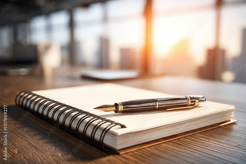 Poster an elegant notebook and a fountain pen resting on a wooden desk with the city view, creating a refin