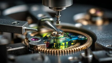 Close up view of a watchmaker meticulously adjusting tiny screws on a colorful watch movement, showcasing the intricate details and precision involved in the watchmaking process