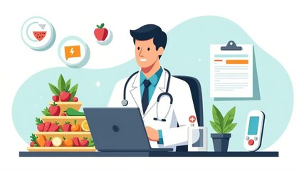 Doctor giving online consultation about healthy eating, with copy space - Powered by Adobe