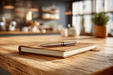 A leather-bound journal with a sleek pen resting on it, set against a blurred kitchen backdrop, evoking a sense of calm and creativity for planning and writing.