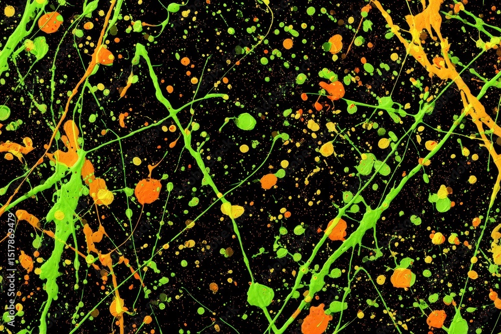 Poster an exciting and energetic background of vibrant colorful paint splatters on a black canvas creating 