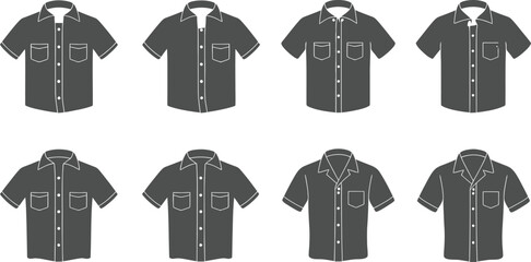 Collection of eight gray short sleeved shirts with pockets and button down fronts on a white background