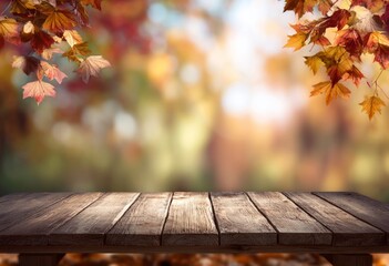 Rustic Wooden Table with Autumn Leaves Background