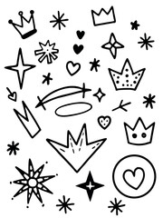 Cute hand drawn doodles of stars crowns hearts and arrow shapes for decorative design