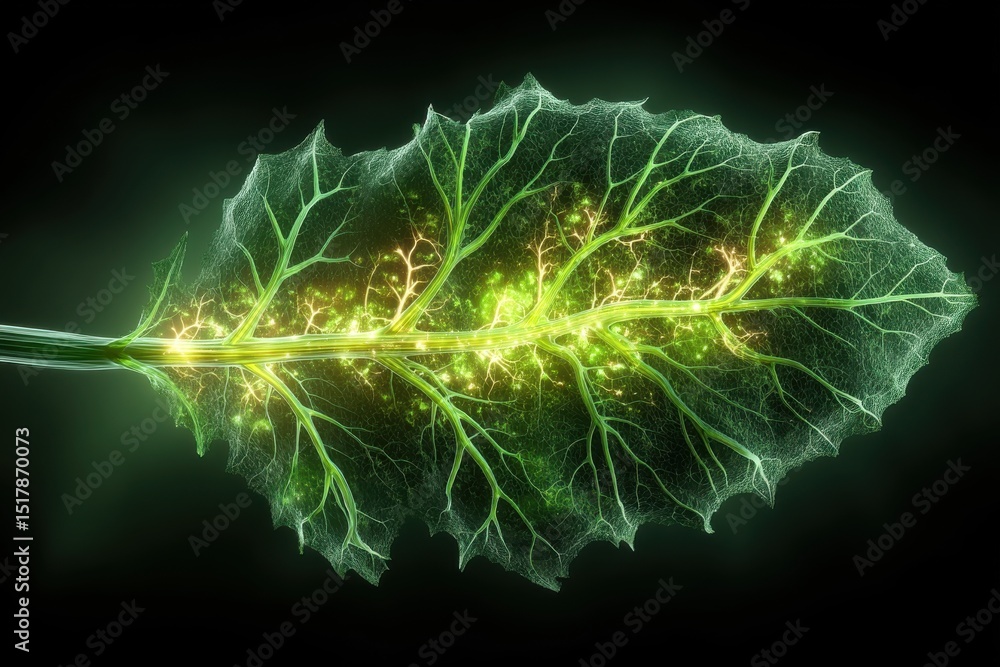 Poster a macro close-up of a vibrant green leaf displaying its intricate vein structure, glowing with yello