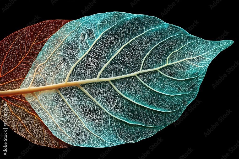 Poster a close-up shot of two skeleton leaves showcasing intricate vein patterns against a stark black back
