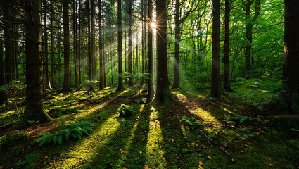Fototapeta premium Sunlight streaming through lush green forest creating shadows and enhancing natural beauty scene, forest, woods, nature, sunlight, sunbeams, trees, green, moss, landscape, scenic, tranquility, light, 