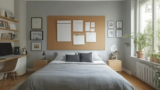 Cozy modern bedroom with a corkboard wall, calendar, and plants, creating a serene atmosphere