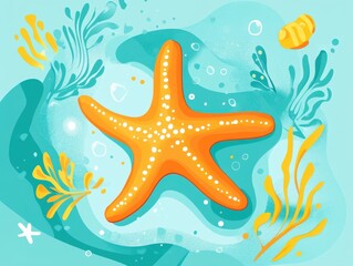 Cute cartoon-style starfish underwater with sea elements and bubbles