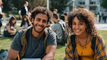 Radiant duo: Two college students, their genuine smiles mirroring a shared bond, capture a bright day of academic enthusiasm, the sun casting a gentle glow