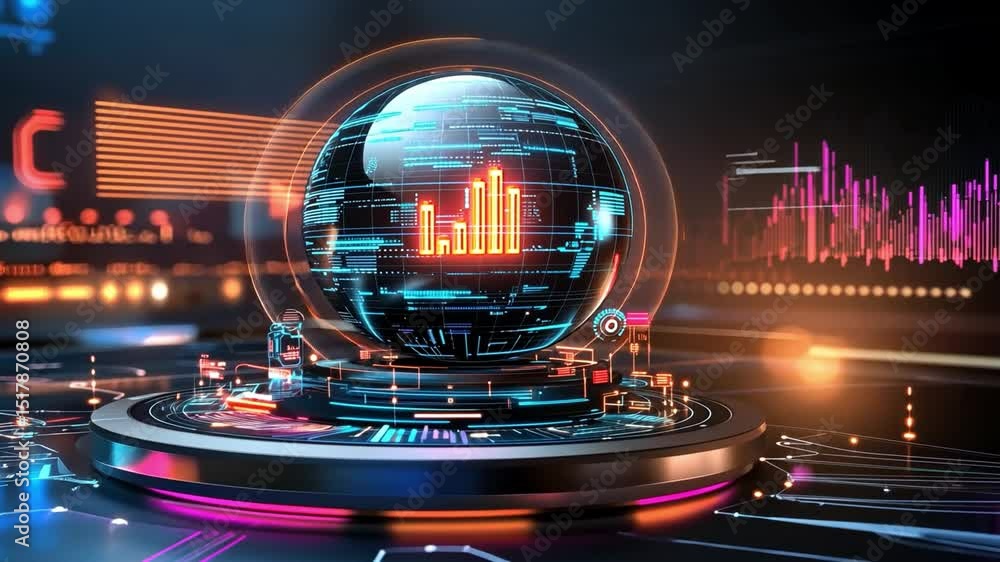 Aufkleber abstract futuristic digital sphere showing charts and graphs of financial and technological data.