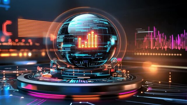 Abstract futuristic digital sphere showing charts and graphs of financial and technological data. - Powered by Adobe