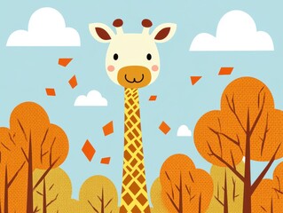 A tall cartoon giraffe stands among orange trees with leaves falling under a bright sky.