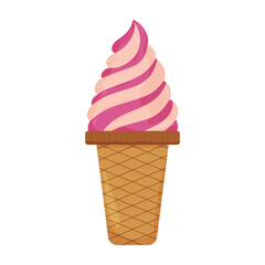 Swirled pink and purple ice cream cone with a waffle cone base