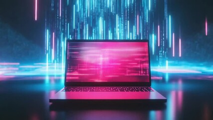 Futuristic laptop with neon lights, symbolizing digital innovation and modern technology - Powered by Adobe