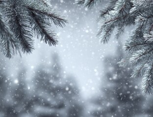 Obraz premium Snowy Pine Branches Winter Forest Background