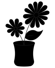 Indoor flower with leaf on stem. Silhouette. Flower in pot with blossomed petals. Vector illustration. Isolated white background. Cartoon. Idea for web design.