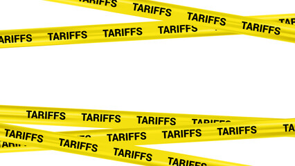 Warning Yellow Stripe Tariff News Vector Banner, Realistic Crossed Tape with Word Tariff on Dark Background, Risk Border