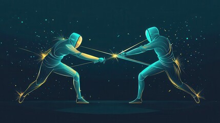 Two fencers face off with glowing swords in a stylized duel with minimal color and electric lines.