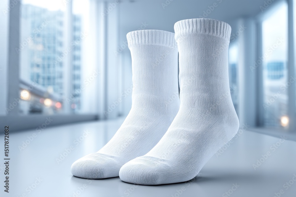 Poster two white cotton socks stand upright on a smooth surface, against a blurred background of a window v