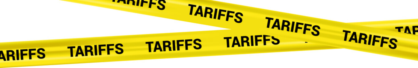 Warning Yellow Stripe Tariff News Vector Banner, Realistic Crossed Tape with Word Tariff on Dark Background