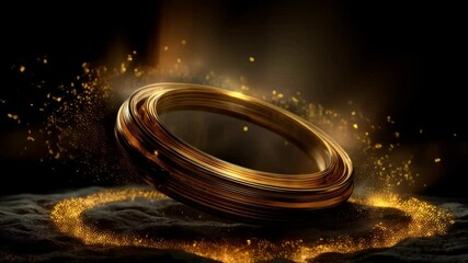 Elegant golden ring crafted with metallic thread resting on textured fabric against a dark backdrop illuminated with sparkling golden dust - Powered by Adobe