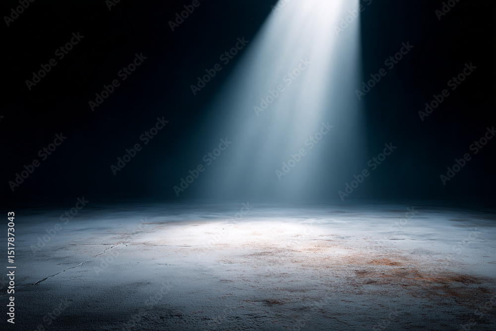 Poster spotlight shines on empty concrete floor in dark room, creating dramatic and moody atmosphere for ev