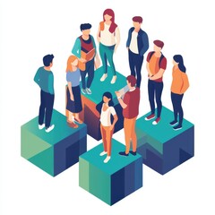 Crowd of people standing on staggered 3D cube platforms in diverse positions.