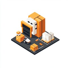 Isometric warehouse illustration with delivery vehicles and stacked packages.
