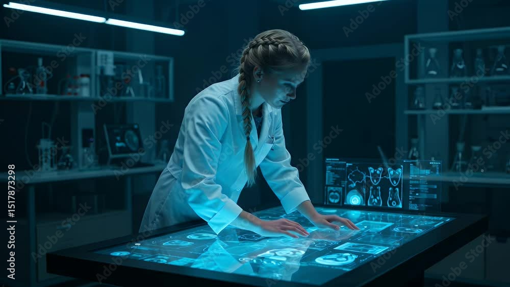 Poster female scientist working on a futuristic interactive table in a lab