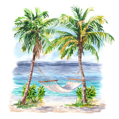 watercolor landscape with sea and two palm trees and Hammock