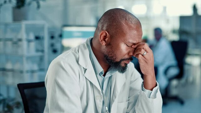 Frustrated, man and scientist with headache for stress, overworked or strain at laboratory. Male person, employee or migraine with pain or research for science fail, medical mistake or pressure