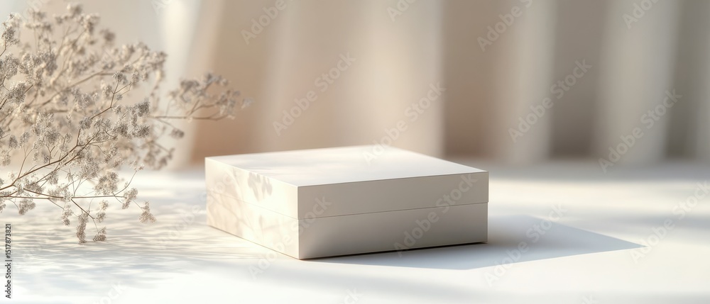 Poster food box a simple white box rests on a soft surface, accompanied by delicate foliage, creating a ser