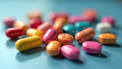 On a blue background, different colored tablets and capsules